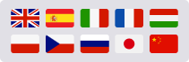 Es werden neun Länderflaggen angezeigt: Großbritannien, Spanien, Italien, Frankreich, Ungarn in der oberen Reihe; Tschechische Republik, Russland, Japan und China in der unteren Reihe. Jede Flagge ist rechteckig und hat eine charakteristische Farbe.