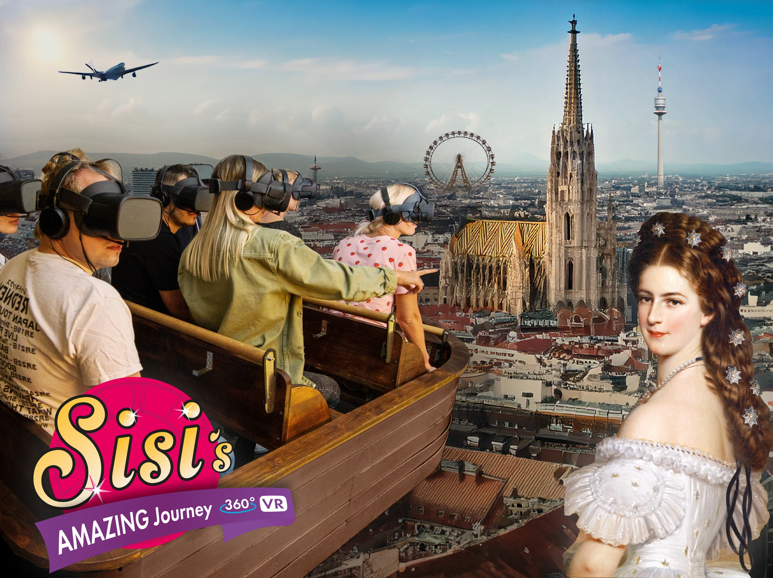 Menschen mit VR-Headsets sitzen in einem simulierten Boot und blicken auf eine Stadtlandschaft mit Sehenswürdigkeiten wie einer Kathedrale und einem Riesenrad. Ein gemaltes Porträt einer historischen Figur ist sichtbar. Der Text lautet „Sisis erstaunliche Reise 360° VR“. Darüber fliegt ein Flugzeug.