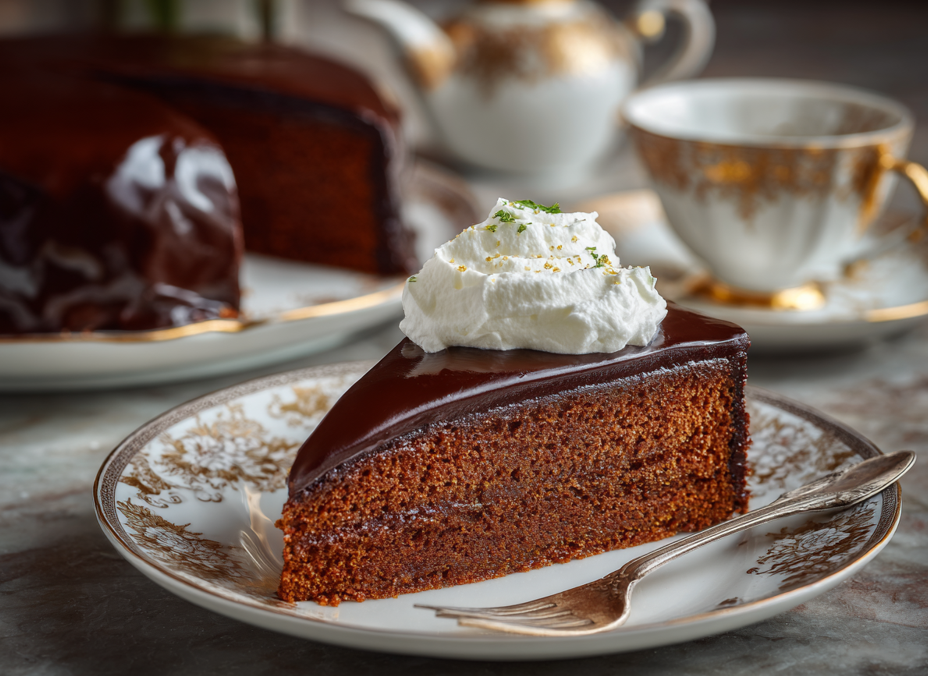 A piece of chocolate cake with shiny icing and a dollop of whipped cream lies on a decorative plate with a fork, while a full cake and a teacup can be seen in the background.