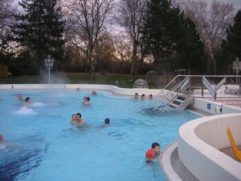 Des personnes se baignent et jouent dans une piscine extérieure des Thermes de Vienne. Le bassin est entouré de bords blancs incurvés, avec des arbres et de l'herbe en arrière-plan, sous un ciel nuageux. Dans l'eau, on peut voir quelques enfants et adultes.