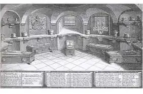 Ilustración en blanco y negro de una histórica aula o sala de reuniones circular con bancos a lo largo de las paredes curvas, un pedestal central, ventanas arqueadas y texto anotado bajo la imagen.
