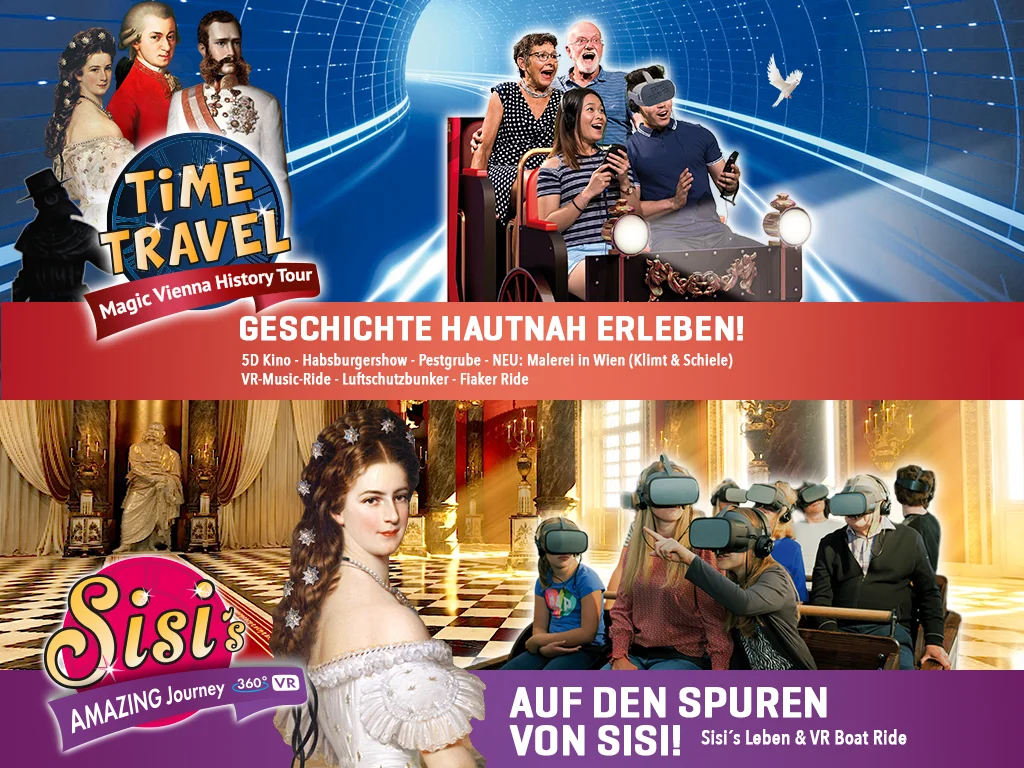 Publicité pour des attractions à Vienne. Ci-dessus : un groupe profite d'une expérience multimédia intitulée "Voyage dans le temps : Magische Geschichtstour Wiener". En bas : Des personnes équipées de casques VR dans un environnement royal avec le texte "Le voyage étonnant de Sisi : 360° VR".