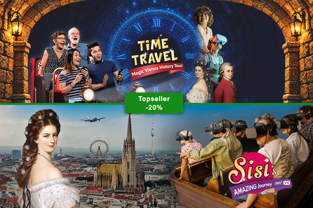Werbefoto für die Time Travel Magic Vienna History Tour, das Menschen mit VR-Brillen bei einer simulierten Bootsfahrt, ein Porträt von Kaiserin Sisi sowie eine Luftaufnahme von Wien zeigt.
