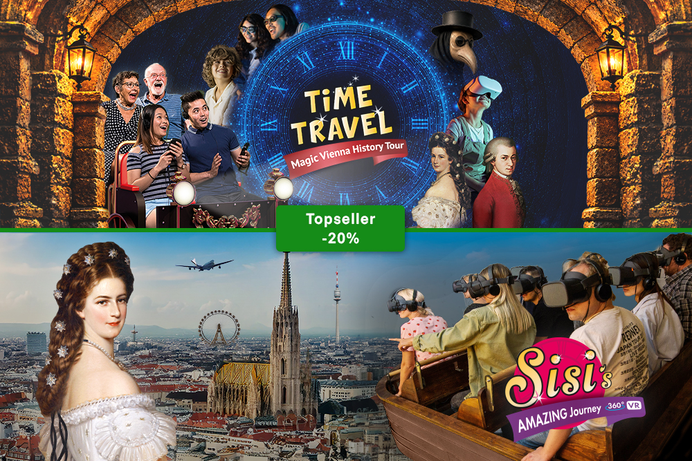 Collage von Menschen, die an einer Time Travel Magic Vienna History Tour in VR teilnehmen, mit einem Porträt von Kaiserin Sisi, einer Wiener Stadtansicht und einem Abzeichen für 20 % Rabatt auf Bestseller.