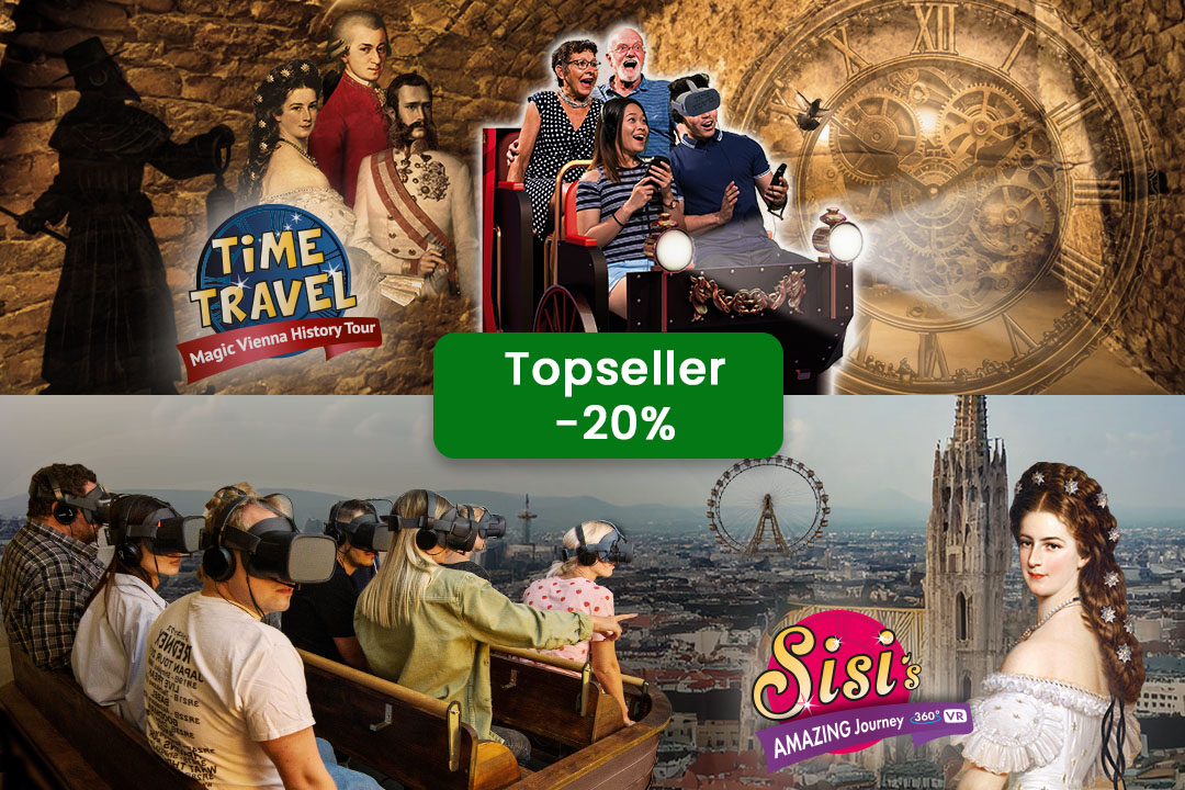 Collage von VR-Attraktionen zum Thema Wien: Menschen mit VR-Headsets, historische Figuren, die Wiener Skyline mit Riesenrad und Dom und ein grünes Schild mit der Aufschrift "Topseller -20%".
