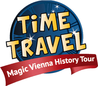 Logo mit blauem Uhrenhintergrund und dem Schriftzug „Time Travel“ in gelben, fetten Lettern. Darunter ist auf einem roten Band in Weiß der Text „Magic Vienna History Tour“ zu sehen.