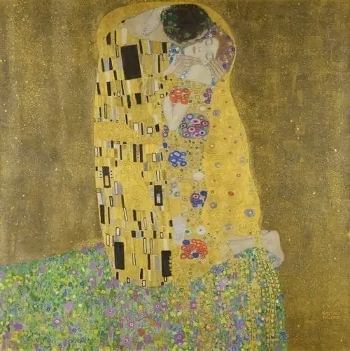 A couple embracing, wrapped in a golden, patterned cloak. The background has a gold texture. The couple is surrounded by vibrant floral patterns. The artwork has a surreal, dreamlike quality.
