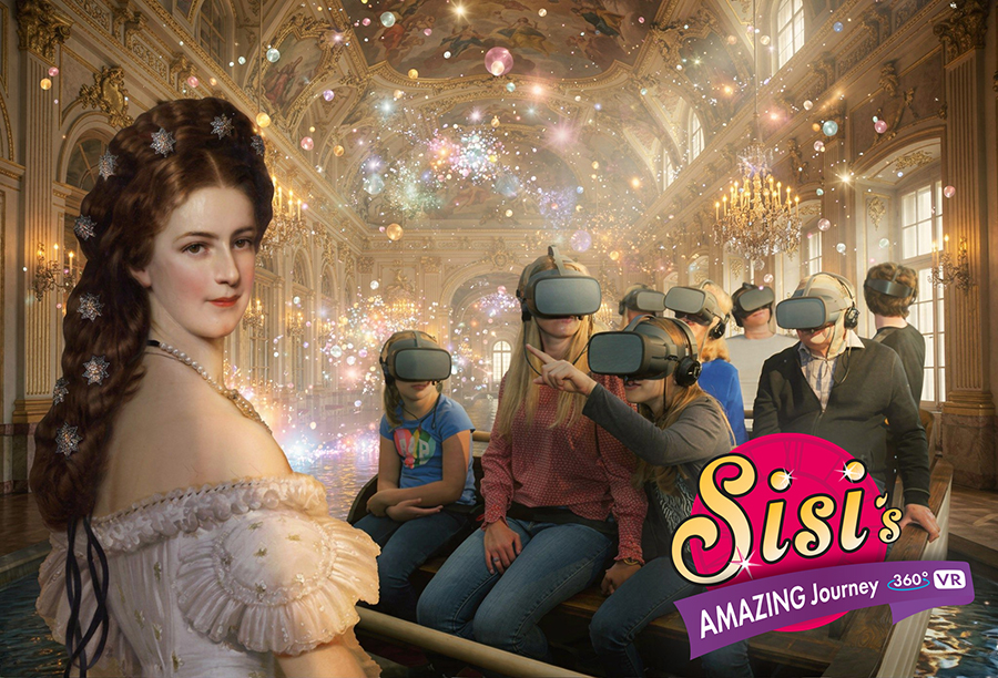 Im Vordergrund ist ein Porträt von Kaiserin Sisi zu sehen, während eine Gruppe von Menschen mit VR-Headsets in einer großen, verzierten Halle mit funkelnden Lichtern zusammensitzt. Der Text lautet: "Sisis Amazing Journey 360° VR".