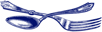 Illustration bleue de style rétro représentant une cuillère et une fourchette qui se croisent en diagonale, avec des motifs décoratifs sur leurs manches.