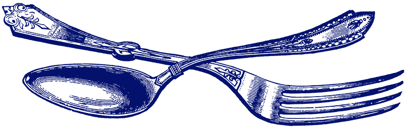 Eine blaue Illustration eines sich kreuzenden Vintage-Löffels und einer Gabel. Die Griffe der Besteckteile sind mit filigranen Verzierungen versehen. Der weiße Hintergrund unterstreicht das kunstvolle Design des Bestecks.