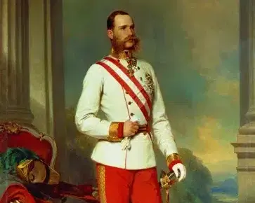 Das Attentat auf Kaiser Franz Josef I. Ein Gemälde aus dem 19. Jahrhundert, das einen Mann in einer verzierten weißen Militäruniform mit roten Hosen zeigt, der selbstbewusst dasteht. Er trägt Medaillen auf der Brust und ein Schwert an seiner Seite. Hinter ihm ist ein roter Stuhl mit einem drapierten Vorhang und eine malerische Landschaftsansicht zu sehen.