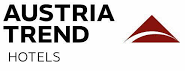Logo der Austria Trend Hotels. Das Design zeigt den Namen in fetten schwarzen Buchstaben auf wei&szlig;em Hintergrund mit einem stilisierten roten Dreieck rechts davon.