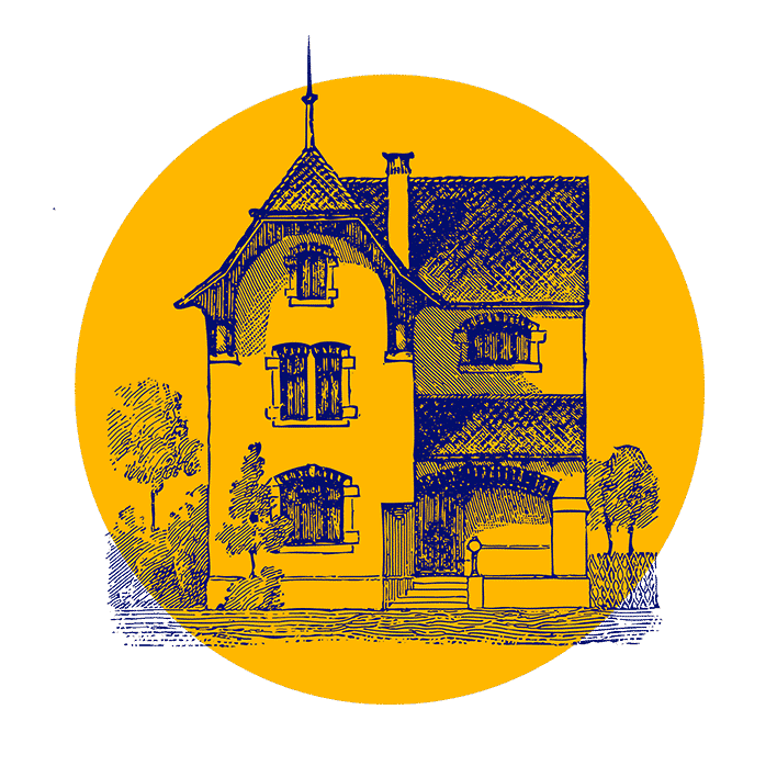 Eine detaillierte blaue Skizze eines alten Hauses mit steilem Dach und gewölbten Fenstern vor einem kräftigen gelben Kreis-Hintergrund. Bäume und Sträucher schmücken die Szene.