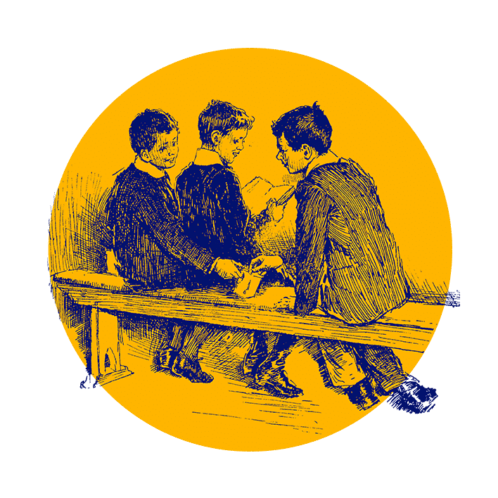 黄色い背景の前で木のベンチに座る3人の少年のヴィンテージ風イラスト。彼らは話しており、1人は手に紙を持っている。彼らは皆、黒っぽい古風な服を着ている。