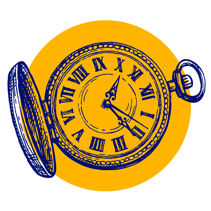 Illustration einer offenen Taschenuhr mit römischen Ziffern, blauen Umrissen und Zeigern, die auf 11:05 Uhr zeigen, vor einem leuchtend gelben kreisförmigen Hintergrund.