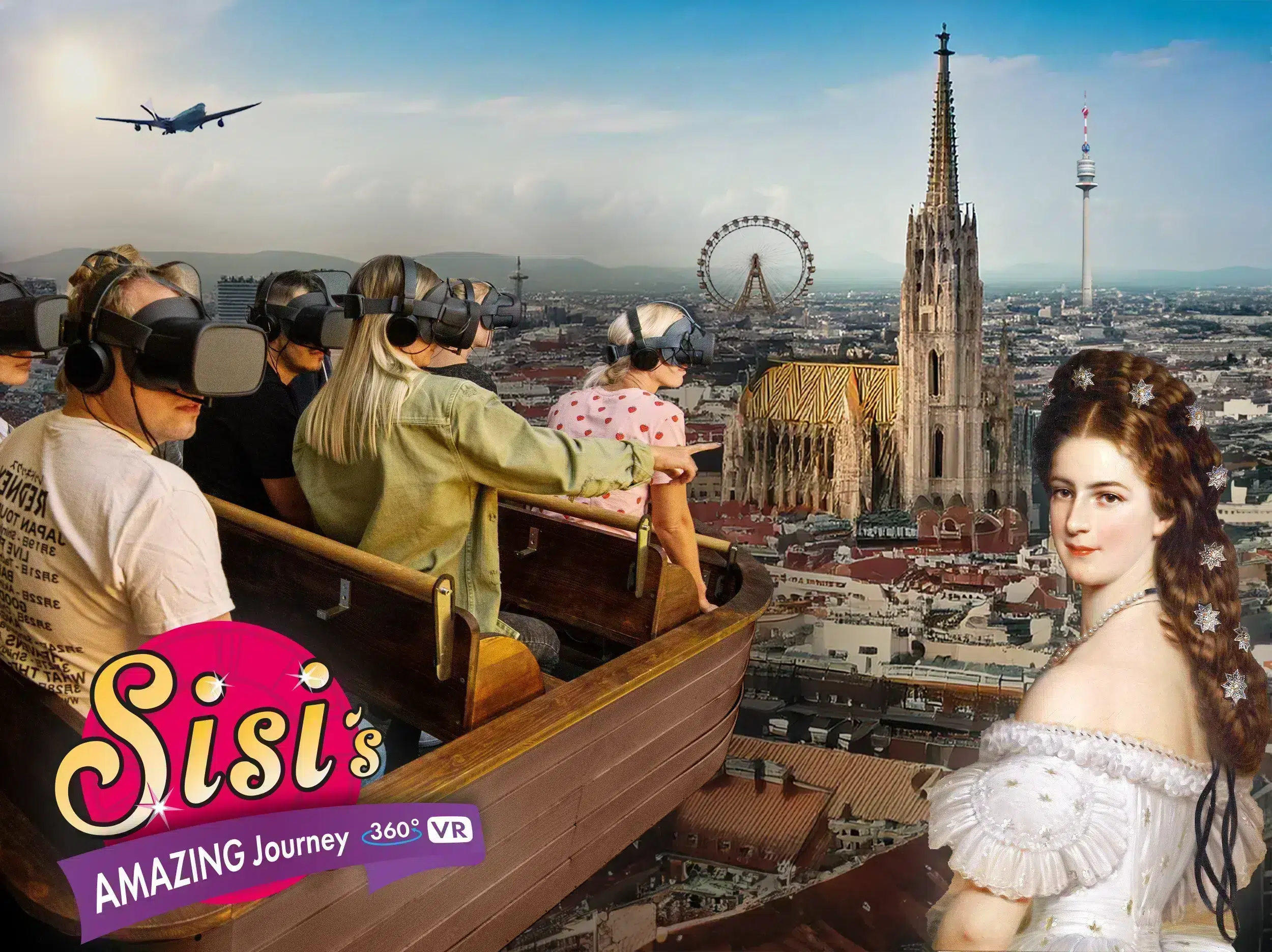 VRヘッドセットを装着した人々が、シュテファン大寺院や大観覧車などウィーンの名所を一望できる乗り物に座る。空には飛行機が飛んでいる。テキストにはシシィ皇后の写真とともに「Sisi's amazing journey 360° VR」と書かれている。