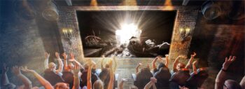 Viewers sitting in a movie theater experience a 4D film with dramatic images on the screen. The scene shows a mysteriously glowing door with dark figures, while the audience raises their hands in excitement. The surroundings include brick walls and ceiling fans.