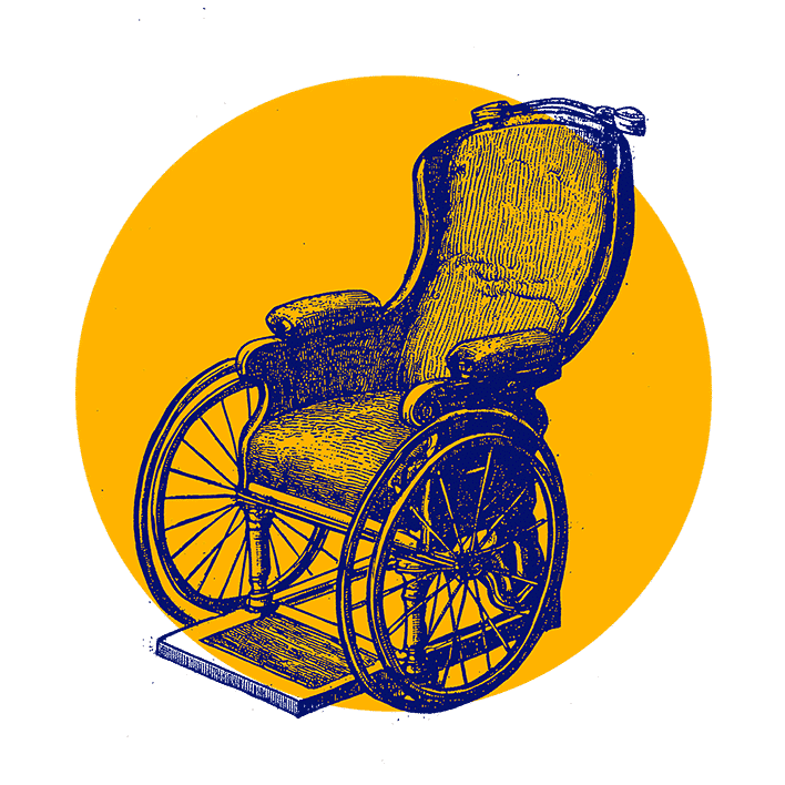 Ilustrace historického invalidního vozíku s vysokým opěradlem a velkými koly na jasně žlutém pozadí s roztroušenými modrými čtverci.