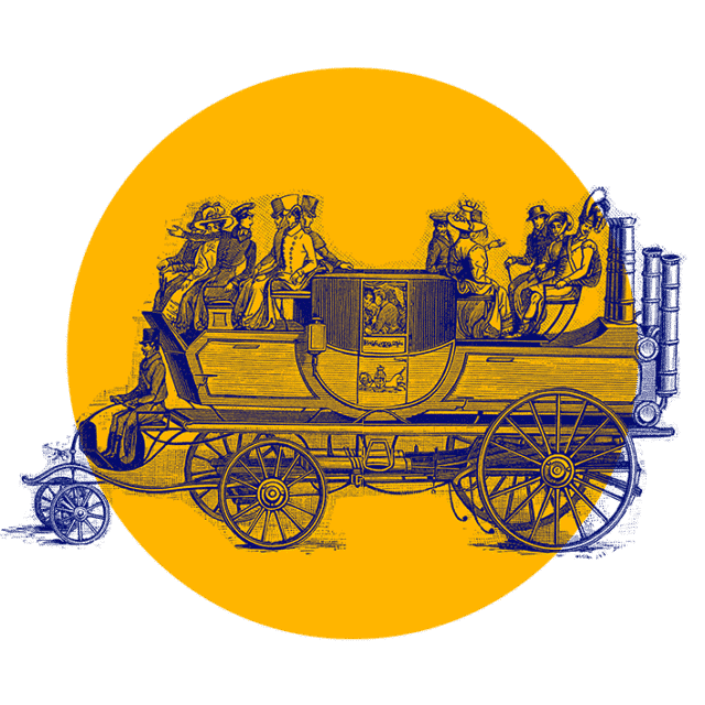 Ilustracja w stylu vintage przedstawiająca powóz konny z pasażerami siedzącymi w środku na jasnożółtym tle. Powóz ma duże drewniane koła i ozdobny herb z boku.