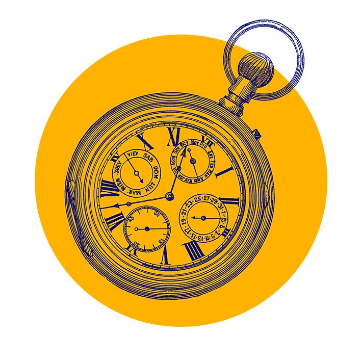 Ilustrace zdobených kapesních hodinek na žlutém pozadí. Hodinky mají tři menší ciferníky pro den, měsíc a datum a římské číslice pro hodiny. Filigránský design se vyznačuje detailními liniemi.