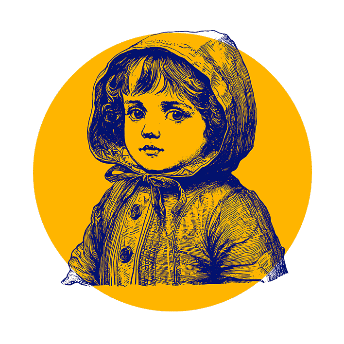 Ilustrace malého dítěte v kabátě s kapucí, nakreslená v detailním vintage stylu s tmavě modrými linkami na jasně žlutém pozadí.