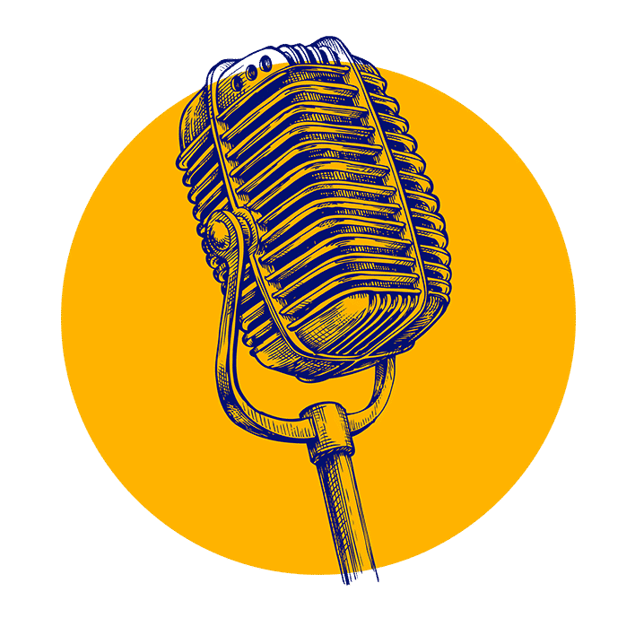 Ilustrace mikrofonu ve vintage stylu, tmavě modrá s detailním stínováním, na oranžovém pozadí. Mikrofon má kulatou hlavu s vodorovnými drážkami a robustní základnu.