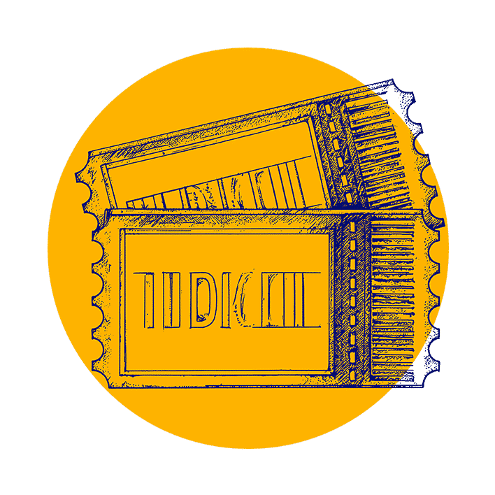 Ilustrace dvou překrývajících se vstupenek do kina ve vintage designu, obkreslených modrou barvou na jasně žlutém pozadí. Slovo TICKET je vidět jako stylizovaný text.