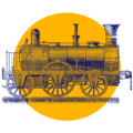 Ilustración de una antigua locomotora de vapor en azul oscuro sobre un círculo amarillo brillante, destacando su detallado diseño y sus ruedas clásicas.