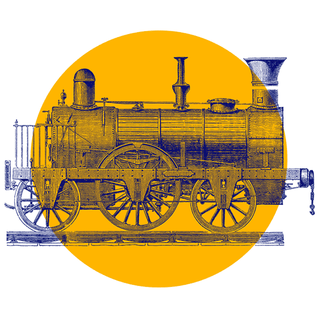 Ilustracja starej lokomotywy parowej w kolorze ciemnoniebieskim na tle jasnożółtego koła, podkreślająca jej szczegółową konstrukcję i klasyczne koła.