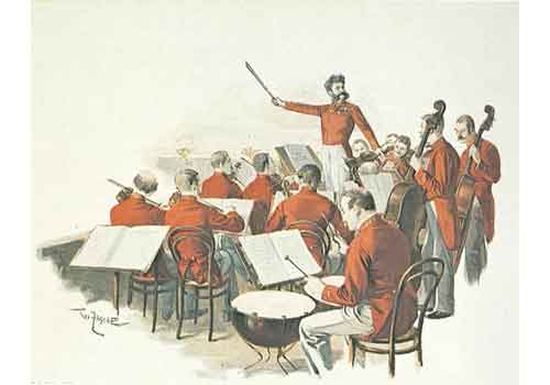 赤いジャケットを着た音楽家が弦楽器や打楽器など様々な楽器を演奏し、指揮者が前面に立ってタクトを振って指揮するオーケストラのイラスト。