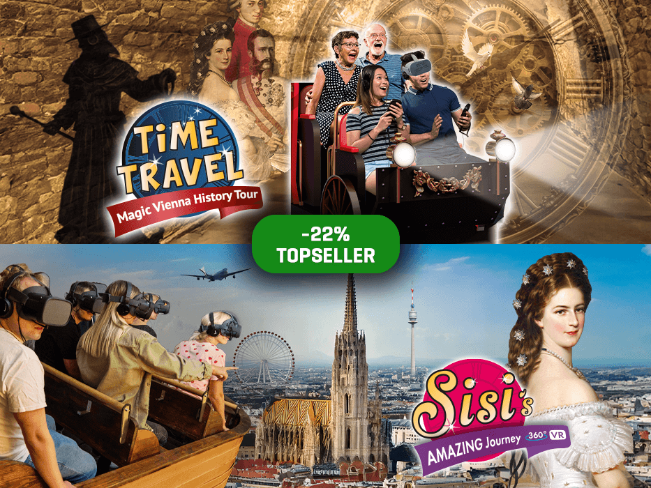 Ein Werbebild für zwei Wiener VR-Attraktionen: "Time Travel-Magic Vienna History Tour" mit VR-Headsets in einer historischen Umgebung und "Sisi's Amazing Journey" mit einer VR-Bootsfahrt, Stadtansichten und Kaiserin Sisi.