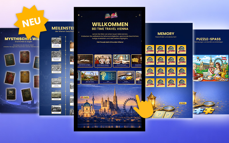 ドイツ語テキストによるカラフルなデジタルゲーム画面には、本、地図、パズル、ウィーンのランドマークなどのシンボルが表示され、ウィーンの歴史に関するインタラクティブなゲームが楽しめます。NEUの黄色い流れ星は、新しいものを強調しています。