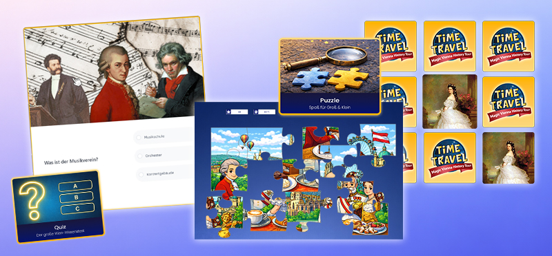 クイズ、パズル、記憶力マッチングゲーム、クラシックの作曲家の絵など、デジタル教育ゲームのコラージュ。青と紫のグラデーションの背景に、明るい色彩と遊び心のあるシンボルが描かれている。