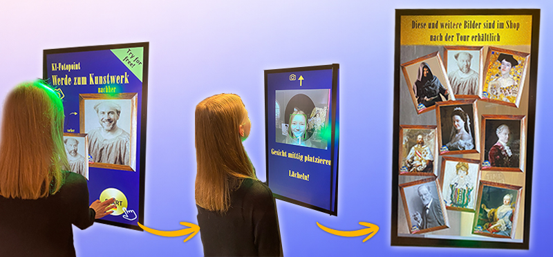 少女がタッチスクリーン・ディスプレイを操作し、写真をクラシック・アートに変身させる。手順は3つ:オプションを選択し、顔の位置を決め、有名な絵画のスタイルで写真を見る。矢印はその過程を示しています。