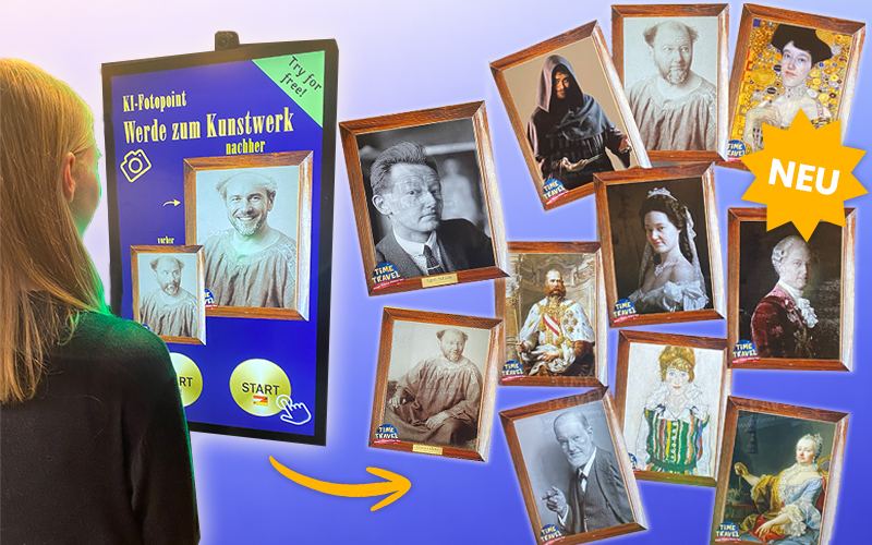 スクリーンに映し出された「Become a Work of Art」と書かれたデジタルキオスクを見る女性。右側には、AIがさまざまな歴史的様式で作成した肖像画を示すさまざまな額装作品がある。