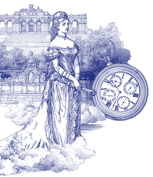 Eine Illustration im Vintage-Stil, die eine Frau in einem verzierten Kleid zeigt, die auf Wolken steht, mit einer großen Taschenuhr neben ihr und klassischen architektonischen Gebäuden im Hintergrund.