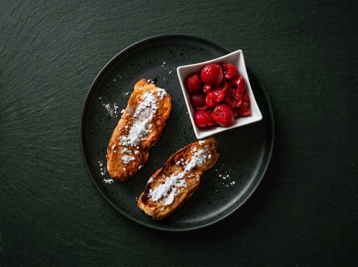 Ein schwarzer Teller mit zwei Scheiben French Toast, best&auml;ubt mit Puderzucker, serviert mit einer kleinen wei&szlig;en Schale mit roten Kirschen auf einer dunkelgr&uuml;nen, strukturierten Oberfl&auml;che.