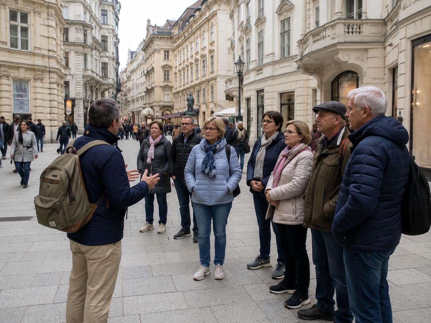 Ein Fremdenführer mit Rucksack spricht zu einer Gruppe von Menschen in Jacken und Schals in einer Fußgängerzone mit historischen Gebäuden. Andere Fußgänger gehen im Hintergrund.