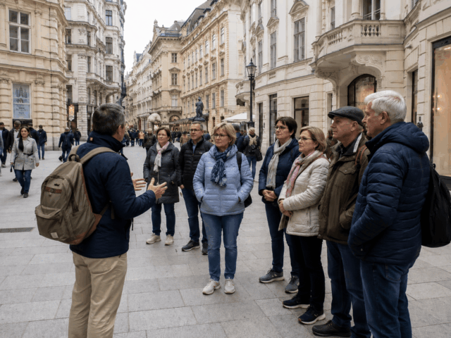 Eine Gruppe von Menschen in warmer Kleidung hört einem Reiseleiter mit Rucksack zu, während sie auf einer historischen Stadtstraße stehen, die von prunkvollen Gebäuden gesäumt ist. Im Hintergrund gehen Fußgänger die Straße entlang.