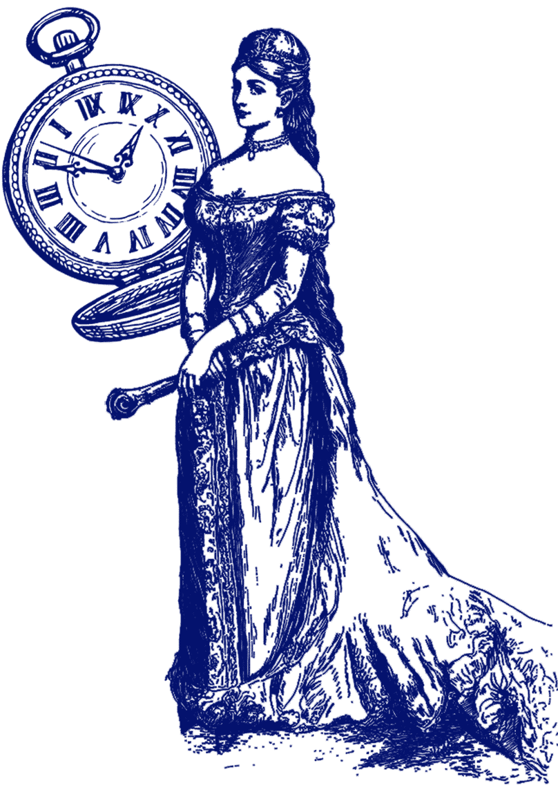 Une illustration de style vintage représentant une femme vêtue d'une robe de soirée finement travaillée, tenant un parchemin à la main et se tenant à côté d'une grande montre de poche à chiffres romains. Le dessin est réalisé à l'encre bleue sur fond blanc.