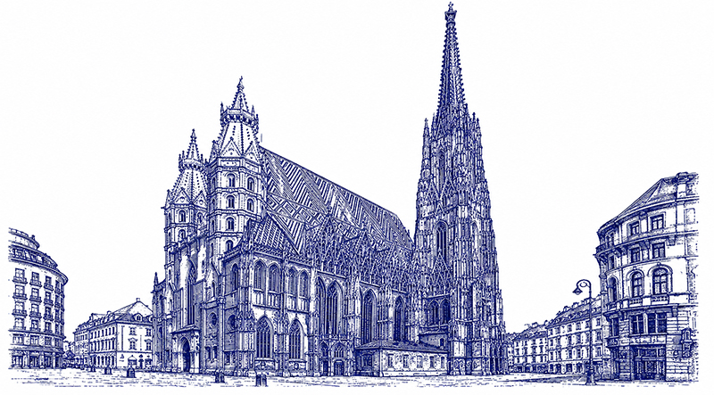 オーストリア・ウィーンの聖シュテファン大聖堂を、ペン画風の細密なイラストで描いた作品。高い塔、精巧なゴシック様式の建築、そして周囲の建物が表現されている。