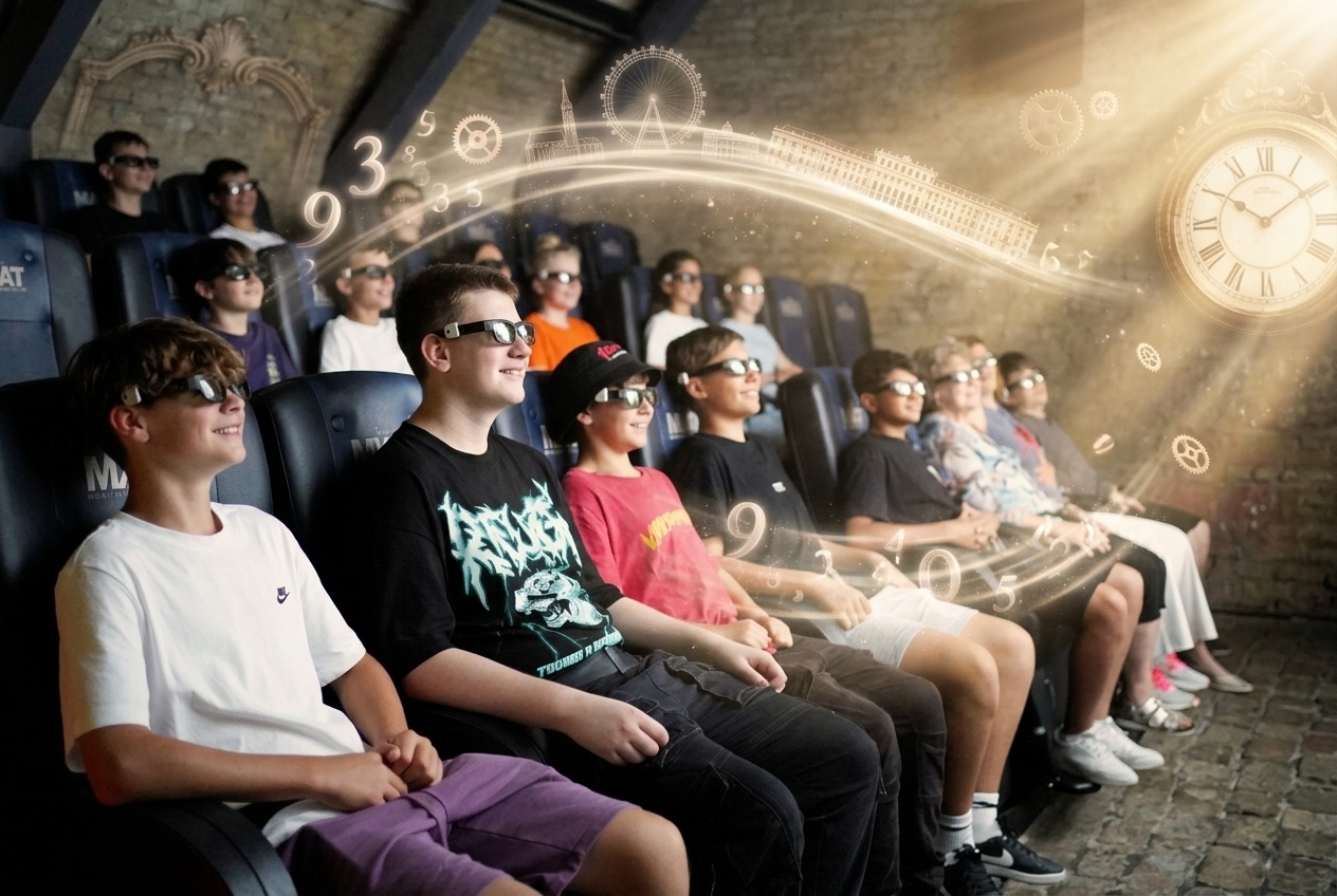 Eine Gruppe von Menschen mit 3D-Brillen sitzt in einem Kino, lächelt und verfolgt eine fesselnde Show, bei der vor ihnen wirbelnde Zahlen und Uhrengrafiken projiziert werden, die einen magischen Zeitreise-Effekt erzeugen.