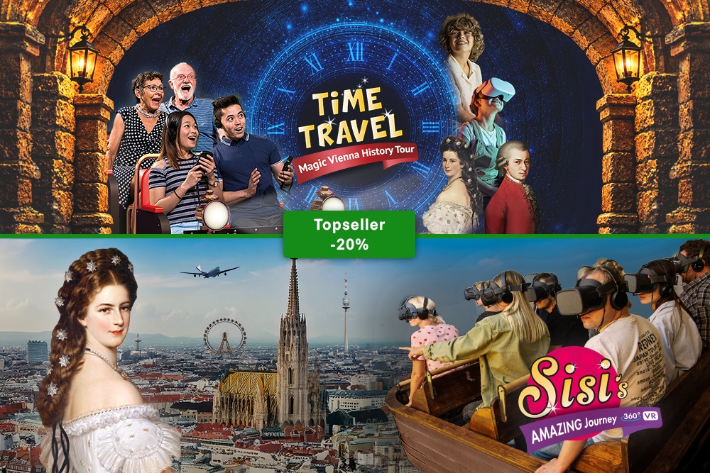 Werbegrafik für die Time Travel Magic Vienna History Tour mit einem Virtual-Reality-Erlebnis, historischen Persönlichkeiten und einem Blick auf die Wiener Skyline.